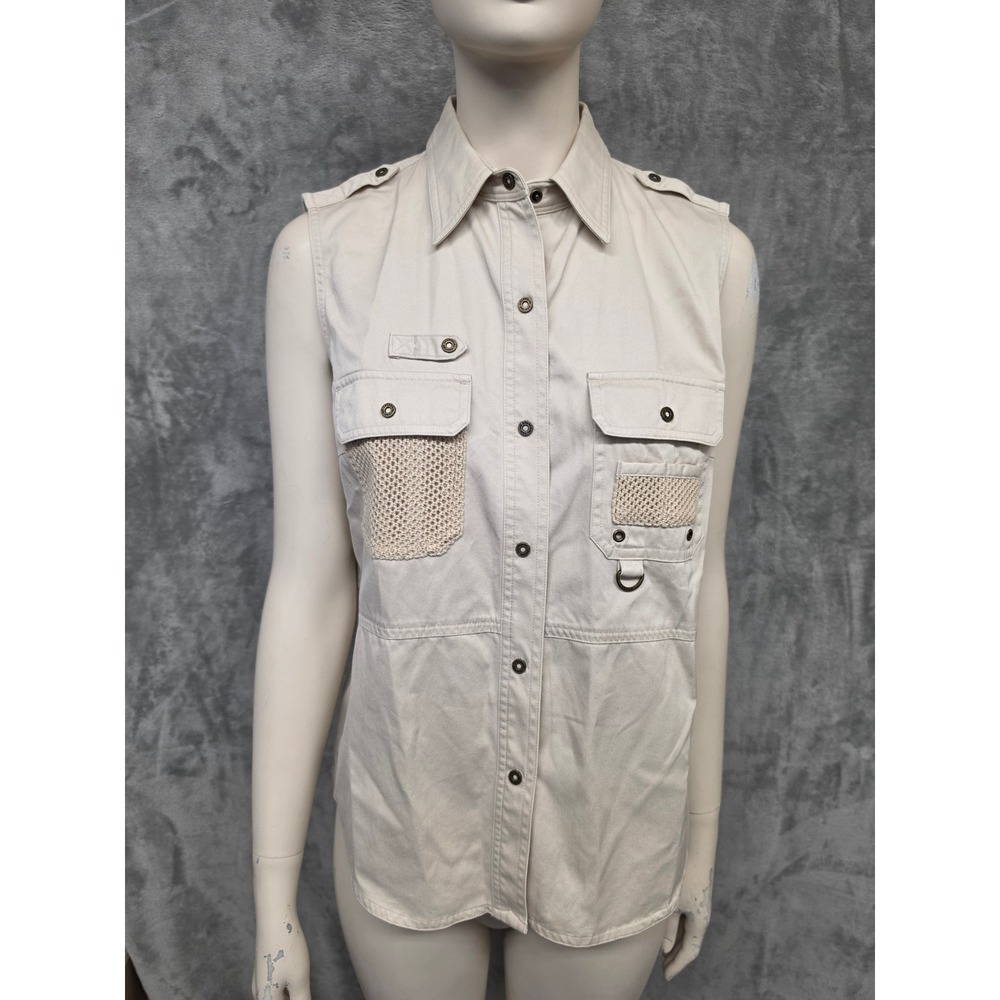 Lauren Ralph Lauren Womens Safari Vest Beige Cotton Utility Cargo Mesh Pocket M